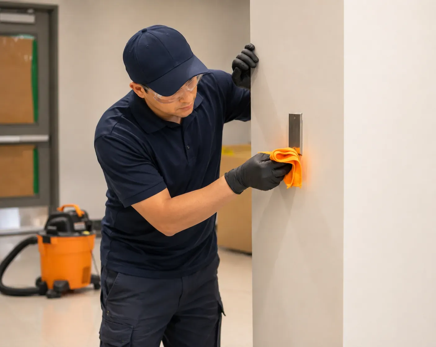 Désinfection des surfaces de contact et plaques de porte par un technicien Présta Nett