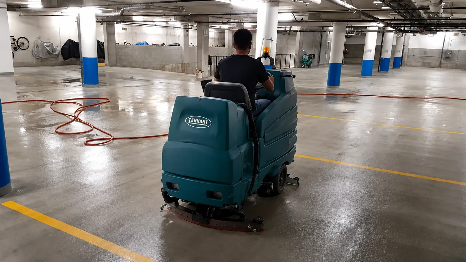 Nettoyage de plancher de garage commercial avec autolaveuse Tennant