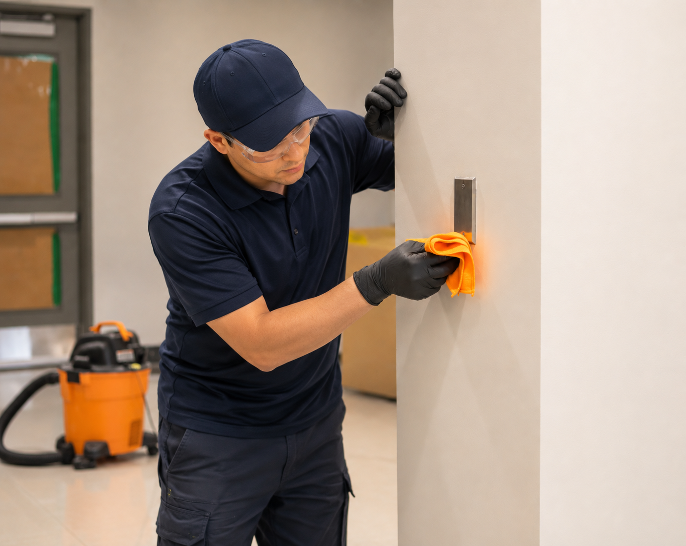 Désinfection des surfaces de contact et plaques de porte par un technicien Présta Nett