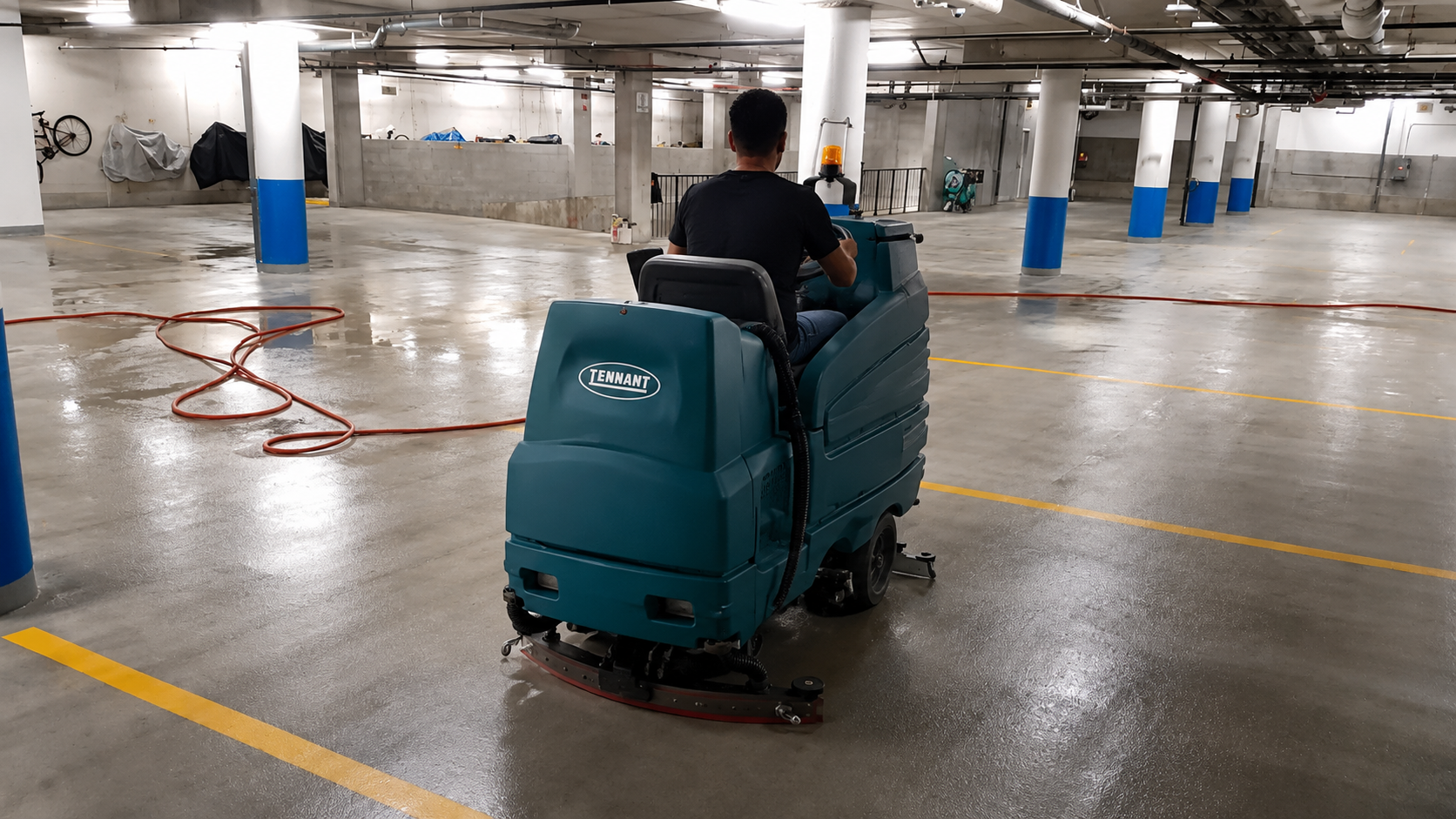 Nettoyage de plancher de garage commercial avec autolaveuse Tennant