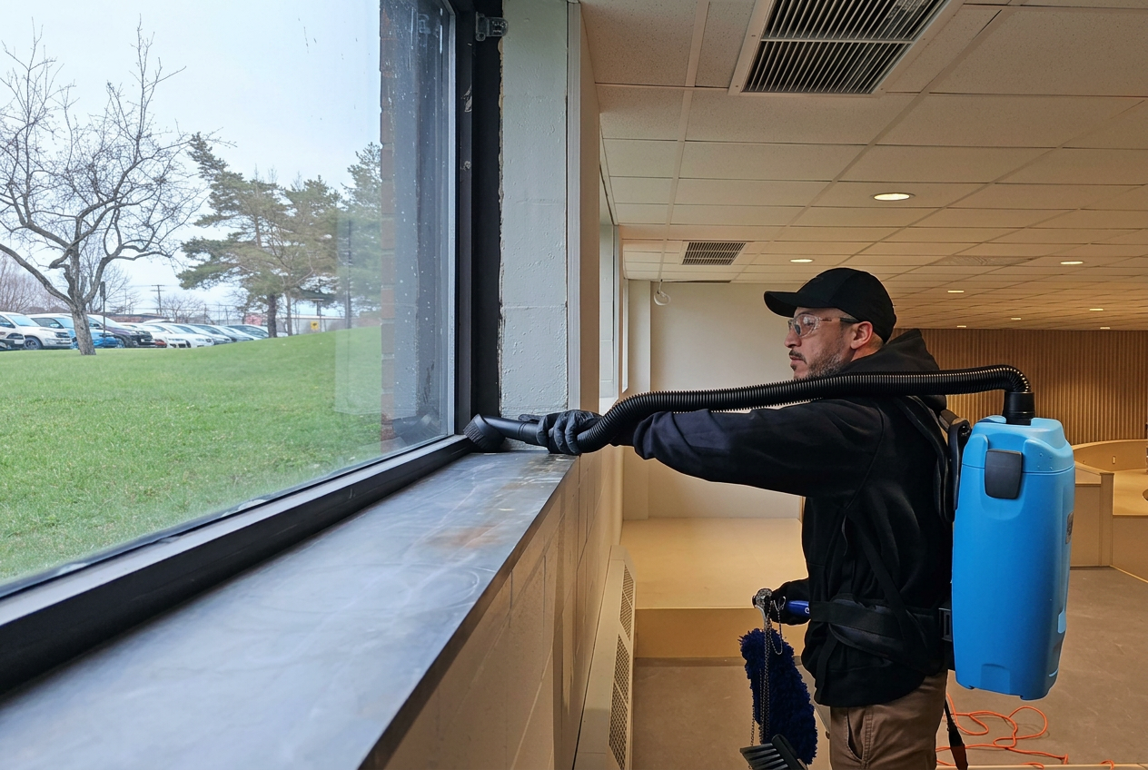 Technicien Présta Nett nettoyant un cadre de fenêtre intérieur avec un aspirateur dorsal